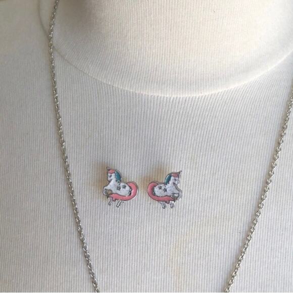 Magical Peach Pink Turquoise Star Glitter Unicorn Necklace And Post Earrings - Picture 9 of 14